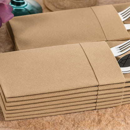 Moyes Home Wood Disposable Dinner Napkins with Pocket - Linen-Feel Pre-Folded Cloth-Like Paper Napkins for Silverware, Weddings, Dinner Parties, 16x16 in, Pack of 50 - color: Wood