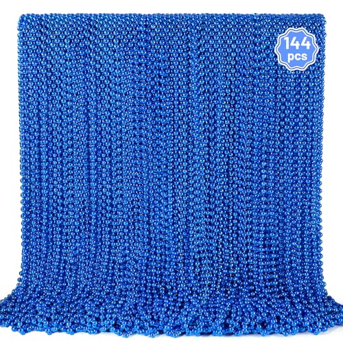 YAXINRUI 144 PCS Blue Bead Necklaces, Blue Christmas Mardi Gras Beads, Patriotic Necklace, 33 Inch Round Beaded Necklaces for Mardi Gras Christmas 4th of July Festive Events - color: Blue, size: 144 Pcs
