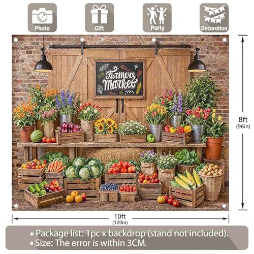 10x8ft Fabric Farmers Market Backdrop Fresh Vegetables Flowers Wooden Barn Spring Photography Background Baby Shower Birthday Party Decorations Photo Banner Props - size: 10'x8'