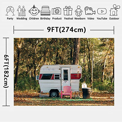 Camp Party Camping Backdrop 9x6ft Sunny Forest Camper Trailer Nature Scenery Photography Background Studio Photo Prop BJYYLU548 - size: vinyl-9x6ft