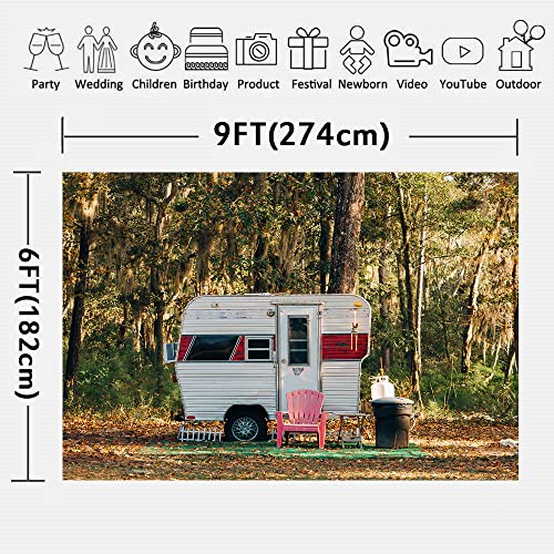 Camp Party Camping Backdrop 9x6ft Sunny Forest Camper Trailer Nature Scenery Photography Background Studio Photo Prop BJYYLU548 - size: vinyl-9x6ft