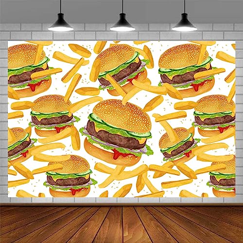 Hamburger French Fries Backdrop, 5x5ft, Fast Food Photograhy Background Birthday Party Supplies Burger Shop Decoration Banner Photo Booth Props - size: 5x5