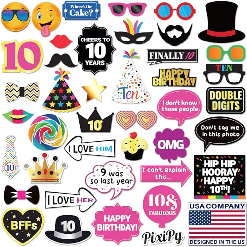 Photo Booth Props Kids 10th Birthday - 40 Piece Set, Multicolored - Funny Party Selfie Accessories for Photoshoot by PixiPy - color: Multicolored, size: Pack of 40