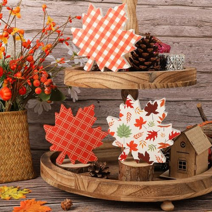 COCHIE Fall Leaves Decorations for Home Indoor, Thanksgiving Table Decor, Harvest Tabletop Decoration, Wooden Maple Leaf Signs Block for Tiered Tray Party Shelf Display Set of 3 - style: Fall Leaves 3