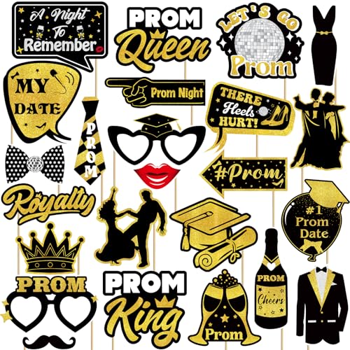 24 Pcs Prom Photo Booth Props Kit - Funny Prom Dance Party Photo Booth Props for High School or College Graduation Party Decorations Supplies Favors, Black Gold Selfie Props