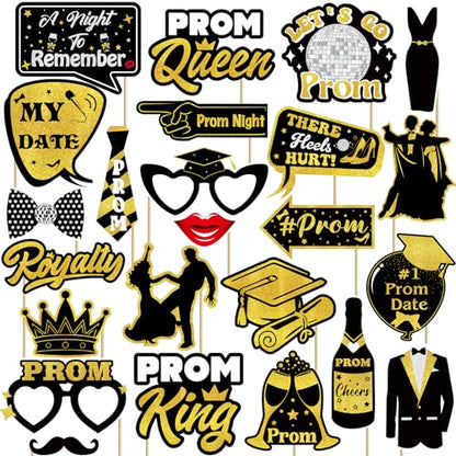 24 Pcs Prom Photo Booth Props Kit - Funny Prom Dance Party Photo Booth Props for High School or College Graduation Party Decorations Supplies Favors, Black Gold Selfie Props