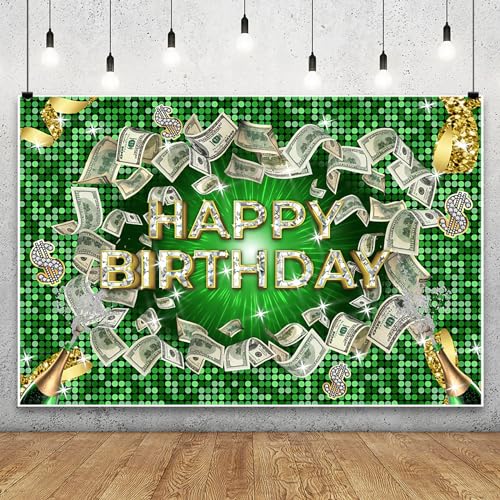 Renaiss 10x7ft Money Birthday Green Backdrop - Champagne Diamonds Dollar Bill Photography Background - Casino Billions Theme Party Decors - Happy Birthday Banner Photo Booth Props - size: 10x7ft