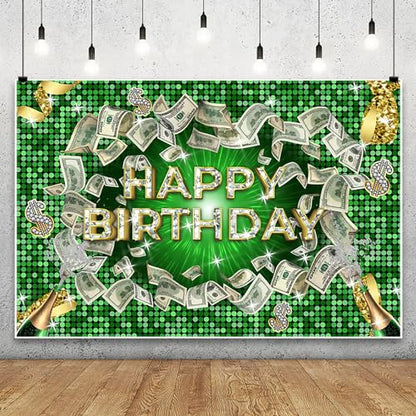 Renaiss 5x3ft Money Green Backdrop Champagne Diamonds Dollar Bill Photography Background Money Casino Theme Party Decors Happy Birthday Banner Photo Booth Props - size: 5x3ft