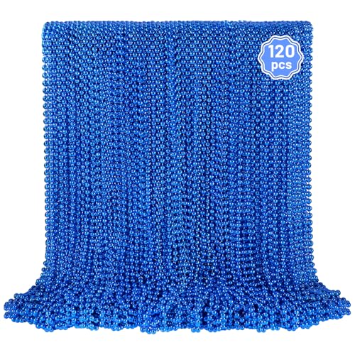 YAXINRUI 120 PCS Blue Bead Necklaces, Blue Mardi Gras Christmas Bead Necklaces, Patriotic Necklace, 33 Inch Round Beaded Necklace for Mardi Gras Christmas 4th of July Festive Events - color: Blue, size: 120 Pcs