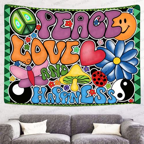 F-FUN SOUL Peace Love and Happiness Tapestry Groovy Tapestries, 40x30inches, 70s Theme Tapestries Hippie Aesthetic Tapestry Wall Hanging for Bedroom Living Room Decor - size: 40"L x 30"W