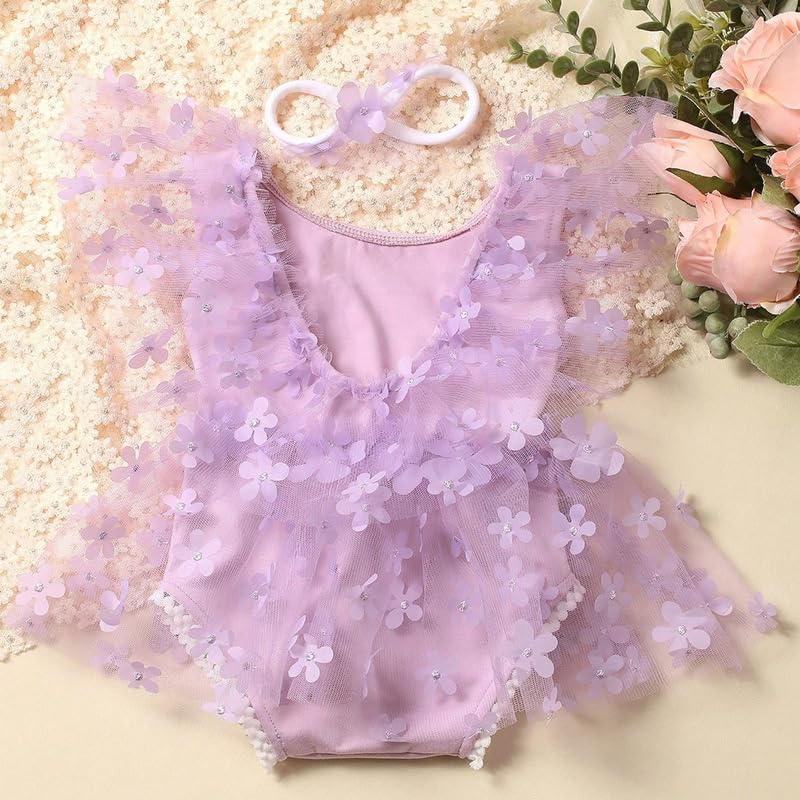 Newborn Photography Outfits Girl Baby Photo Tutu Dress Newborn Photoshoot Romper Baby Picture Lace Outfit - color: Purple