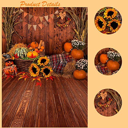 5X7FT Fall Thanksgiving Wooden Floor Barn Autumn Pumpkins Maple Leaves Sunflower Baby Portrait Party Halloween Decoration Vinyl Photography Backdrop Photo Booth Background Studio Prop TP295 - size: 5'x7'