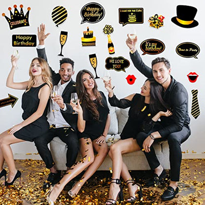 Qpout Black and Gold Photo Booth Props (35 Count) for Kids Adults Birthday Party - Funny Chic Selfie Props With Bamboo Sticks & Stickers