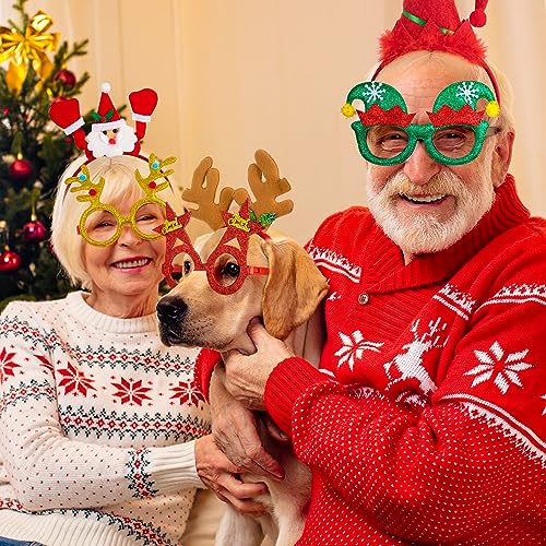 48 Pcs Christmas Glasses Frame and Headbands Set, Cute Christmas Head Boppers and Glasses with 24 Designs Santa Hat Leprechaun Snowman Reindeer Antler, Christmas Party Favors, Accessories, Supplies - style: 48 PCS