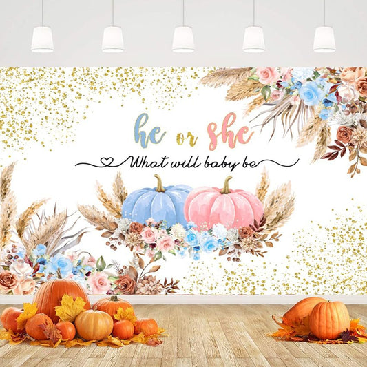 Pumpkin Gender Reveal Backdrop He or She Fall Baby Shower Party Decorations Autumn Florial Party Cake Table Banner Photography Background Pink or Blue Photo Booth Props 5x3ft - color: Baby Shower-2, size: 5x3ft