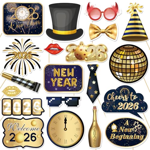 20 Pcs 2026 Happy New Year Photo Booth Props Kit, New Year Themed Party Selfie Decorations, Winter Festival Christmas Party Photography Supplies
