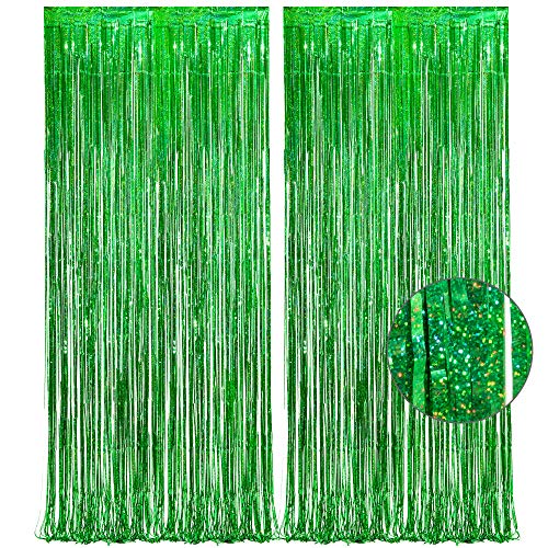 Green Tinsel Curtain Party Backdrop - GREATRIL Foil Fringe Streamers for St Patrick’s Day/Luau/Turtle/Hawaiian/Dinosaur/Ghost/Football/Christmas Decorations 2 Packs - color: Green