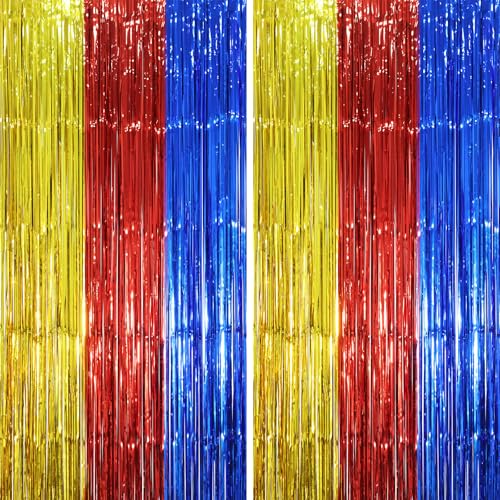 Voircoloria 2 Pack Blue Red Gold Foil Fringe Backdrop Curtains, Tinsel Streamers Party Decorations, Fringe Backdrop, Door Shimmer for Birthday Party - color: 50 Blue Red and Gold