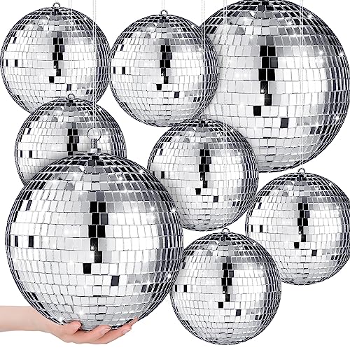 Haull 8 Pcs Large Disco Ball Set Silver Mirror Disco Reflective Ball with Hanging Ring Party Ornament Decoration for Stage Club Ballroom Dance Hall Wedding Prom Props(8'', 6'') - size: 8'', 6''