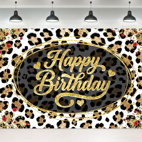 Leopard Print Happy Birthday Backdrop 7Wx5H Feet Fabric Polyester Golden Black Glitter Vintage Cheetah Fashion Cute Retro Woman Girly Photography Background Banner Photo Shoot Decor Prop - color: B-01leopard, size: 7Wx5H