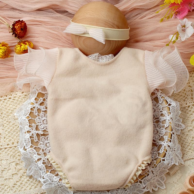 Newborn Photography Outfits Girl Baby Photo Tutu Dress Newborn Photoshoot Romper Baby Picture Lace Outfit - color: Beige