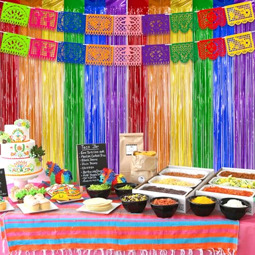 Cinco de Mayo Decorations Fiesta Party Decorations Foil Fringe Curtains Backdrop Fiesta Banner for Mexican Decor Wedding Engagement Rainbow Party Supplies