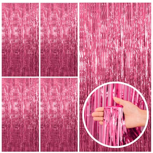 BOMSI 5 Pack Pink Tinsel Curtain Party Backdrop Foil Fringe Birthday Photo Booth Streamer Backdrop Theme Decorations - color: Pink, size: 39.4"w X 78.7"l (Pack of 5)