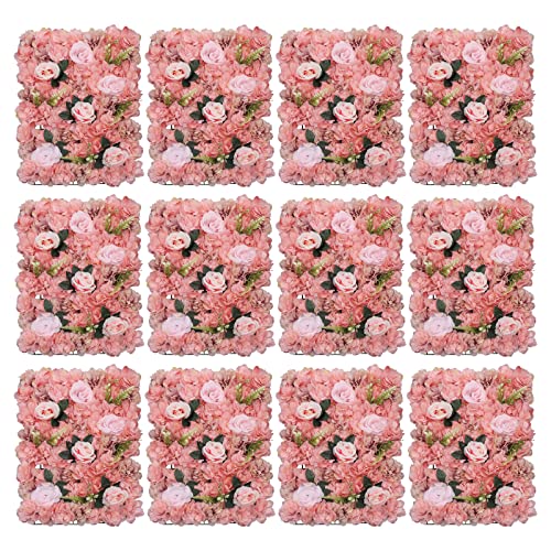LOYALHEARTDY 12 Pack Artificial Flower Wall Panels 24" x 16" Flower Wall Panel Wall Backdrop Faux Hydrangea and Rose Flower Backdrop Panels for Flower Wall Decor Wedding Party Event Decoration - color: 12 Pcs, Dark Pink