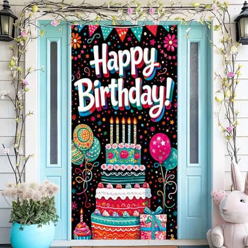 Happy Birthday Door Banner Backdrop (30 x 75 inches) - Colorful Party Porch Decoration, Birthday Celebration and Party Decorations Cake and Balloon Elements - color: multicolored#mf2602001