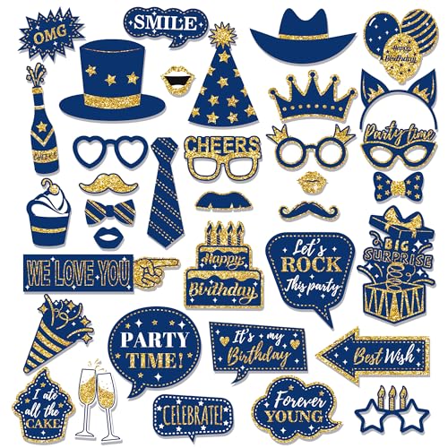 36 PCS Photo Booth Props Party Supplies Holiday Picture Decorations Blue Paper Photo Props for Birthday Party Favors Pose Sign Kit Fun - color: Gold and Blue