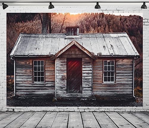 BELECO 10x8ft Fabric Old Wooden House Backdrop Rural Vintage Western Cabin Mountain Trees Shabby Farmhouse Background for Photography Western Party Decorations Photo Shoot Props - size: 10x8FT
