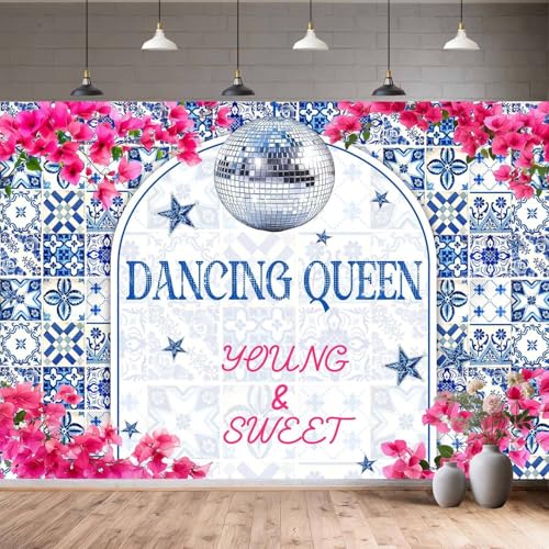 5X4ft Disco Cowgirl Birthday Backdrop Dancing Queen Young Photography Background for Girls Dance Theme Birthday Party Backdrops Blue Pink Rose Floral Party Decorations Photo Booth Props - color: Blue, size: 5X4FT