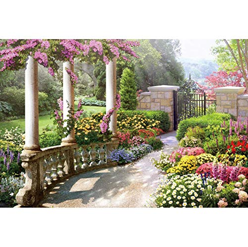 15x10ft Spring Beautiful Garden Photography Backdrop Vintage Garden Architecture Pillars Blooming Flowers Background Outdoor Wedding Portraits Photo Studio Props Wallpaper - size: 15x10ft