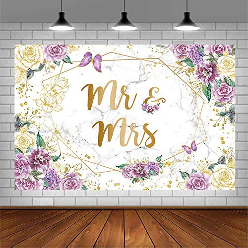 AIBIIN 7x5ft Mr and Mrs Floral Marble Backdrop for Bridal Shower Purple Flowers Butterfly Photography Background Gold Geometric Couple Wedding Party Decorations Bride to Be Engagement Banner Props