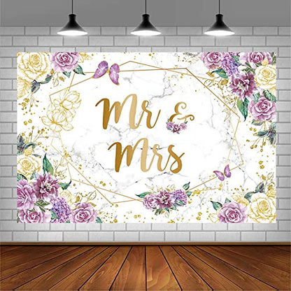 AIBIIN 7x5ft Mr and Mrs Floral Marble Backdrop for Bridal Shower Purple Flowers Butterfly Photography Background Gold Geometric Couple Wedding Party Decorations Bride to Be Engagement Banner Props