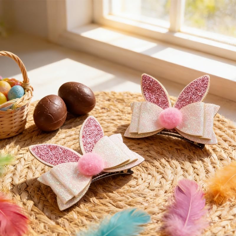 2PCS Easter Sparkly Glitter Bunny Hair Bow Clips,Pink White Rabbit Ear Barrettes with Alligator Clip,Cute Easter Hair Hairpin Accessories for Women,Spring Hair Bows for Party Daily Wear Photo Props