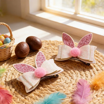 2PCS Easter Sparkly Glitter Bunny Hair Bow Clips,Pink White Rabbit Ear Barrettes with Alligator Clip,Cute Easter Hair Hairpin Accessories for Women,Spring Hair Bows for Party Daily Wear Photo Props