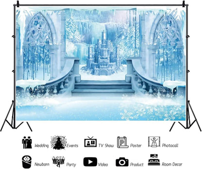 12x8ft Castle Backdrop Winter Wonderland Ice Castle Photography Backdrop Blue Ice Snowflake Background Winter Snow Landscape for Princess Girl Baby Shower Kids Birthday Party - size: 12x8ft