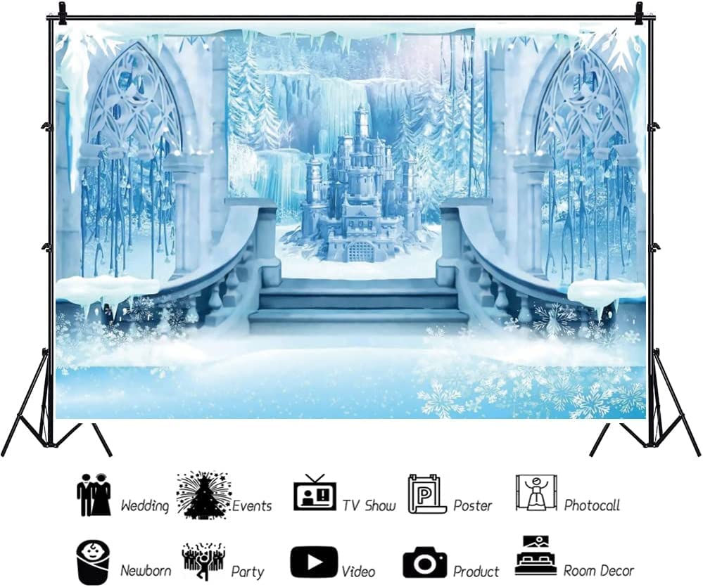 10x6.5ft Castle Backdrop Winter Wonderland Ice Castle Photography Backdrop Blue Ice Snowflake Background Winter Snow Landscape for Princess Girl Baby Shower Kids Birthday Party - size: 10x6.5ft