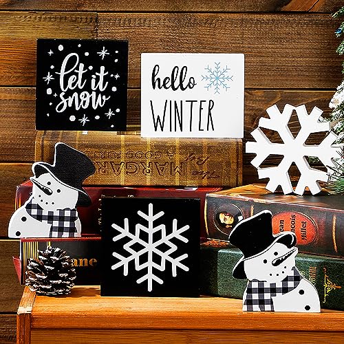 Huwena 6 Pcs Winter Tiered Tray Decor Snowflake Table Signs Hello Winter Wood Blocks Farmhouse Let It Snow Wood Decor for Table Shelf(Cute Style) - style: Cute Style