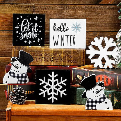 Huwena 6 Pcs Winter Tiered Tray Decor Snowflake Table Signs Hello Winter Wood Blocks Farmhouse Let It Snow Wood Decor for Table Shelf(Cute Style) - style: Cute Style