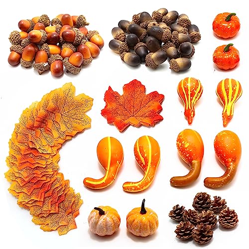 166Pcs Fall Thanksgiving Simulated Pumpkin, Maple Leaf, Pine nut, Autumn Decoration, Halloween Decoration, Pumpkin Model, Vegetable Cabinet Display, Photography, Early Education Props