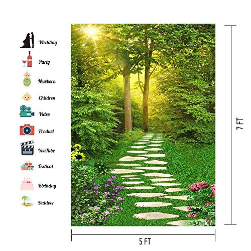5x7ft Spring Scenery Backdrop Forest Path Sunshine Flower Photography Background Natural Scenery Photo Shoot Props Portrait Pet Photo Photography Backdrop BJLXVV171 - size: 5x7ft