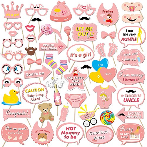 It's a Girl Photo Booth Prop (53Count), Konsait Baby Shower Pink Lovely Baby Bottle Masks Photobooth Props with Sticks for Baby Shower Accessories Newborn Girl Gift Party Favor Supplies Ideas
