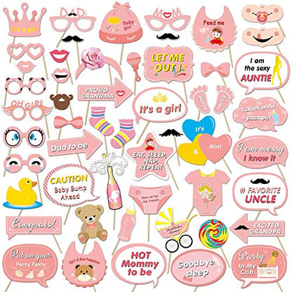 It's a Girl Photo Booth Prop (53Count), Konsait Baby Shower Pink Lovely Baby Bottle Masks Photobooth Props with Sticks for Baby Shower Accessories Newborn Girl Gift Party Favor Supplies Ideas