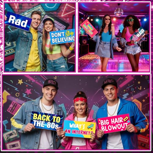 Beeveer 24 Designs 80s Photo Booth Props 1980s Party Decorations Double Sided 11.02 x 5.51'' Funny 70s Disco Birthday Party Decorations DIY Waterproof Selfie Signs PVC Printing Photo Props for Decor - color: Colorful, style: 1980s Theme