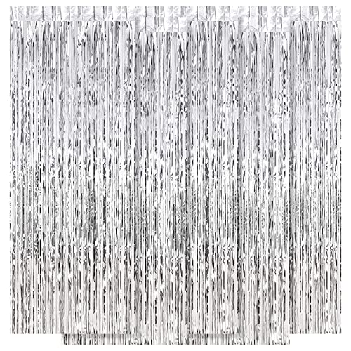 5 Pack Silver Fringe Backdrop 3.2ft x 8.2ft Silver Foil Fringe Curtains Party Tinsel Curtain Backdrop Streamers for Birthday Party Decoration Wedding Christmas Decoration (Silver) - color: Silver