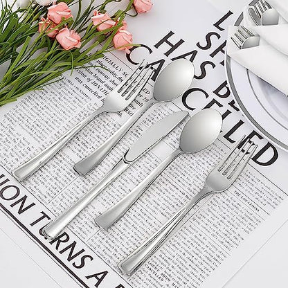 Goodluck 100 Pack Pre Rolled Silver Plastic Silverware, Wrapped Plastic Cutlery Set with Napkin Include 100 Forks, 100 Knives, 100 Spoons and 100 Napkins, Disposable Silverware for Party, Wedding - size: 100pc, style: Silver