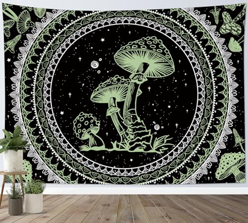 SCECALA Green Mushroom Tapestry Boho Mandala Pattern with Green Mushroom Wall Tapestry Black and White Star Wall Hanging for Bedroom Living Room Teen Dorm Party Home Decor 60x40 Inch - color: Green, size: 40"L x 60"W