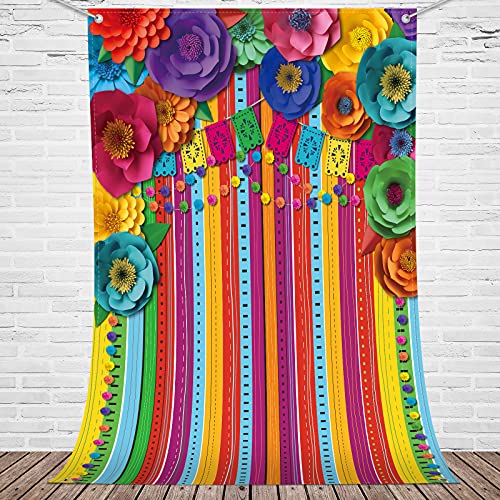 Tatuo 7 x 5 ft Mexican Fiesta Backdrop Cinco De Mayo Decorations Paper Flower Photography Background Colorful Flag Floral Striped Banner Fabric Props for Photo Mexican Party Decor - size: 7 X 5 Ft